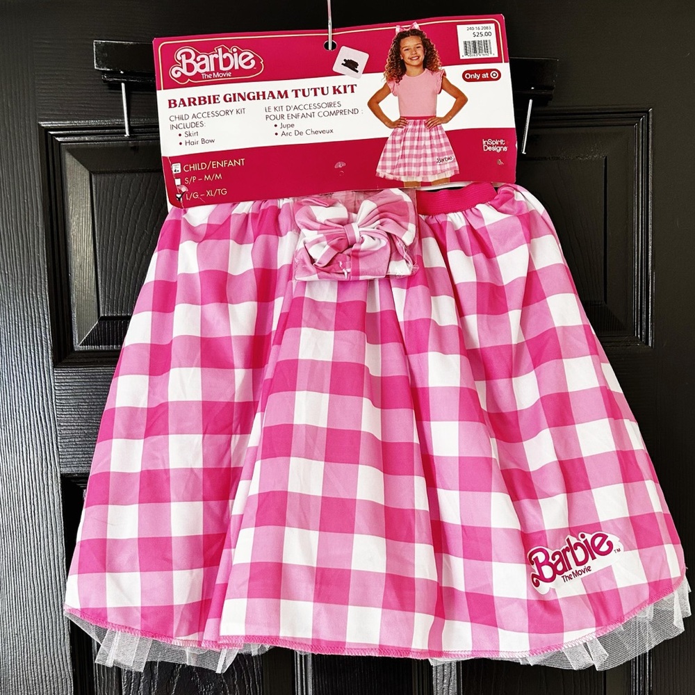 Barbie Checkered Pink Tutu Skirt and Bow for Girls- Size L/XL